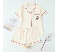 2 Stücke/Set offiziell lizenzierte Sanrio Hello Kitty Frauen Floral Stickerei Kragen Kurzarm Knopfoberteile und Schmetterling Shorts Pyjama Set, geeig