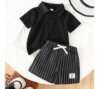 2 Stücke Set Säugling/Baby Jungen Aprikose Locker sitzendes Kurzarm Polohemd mit Knopf, Kontrast-Rippbündchen und Kragen, elastischer Bund Shorts, Som