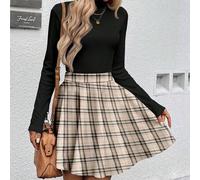 2 Stücke/Set schwarzer gerippter Rollkragenpullover mit Langarm + karierter A-Linien Midi-Rock, modisches Lässig-Outfit für Herbst/Winter