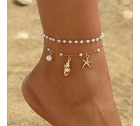 2 Stücke/Set Sommer Ozean-Stil Muschel, Seestern & Künstliche Perle Fußkettchen, handgemachte einstellbare Kette Fußschmuck geeignet für den täglichen