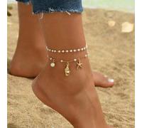 2 Stücke/Set Sommer Ozean Stil Muschel & Seestern Künstliche Perle Fußkette, handgemachter Ketten Fußschmuck für Frauen, geeignet für den täglichen Ge