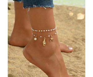 2 Stücke/Set Sommer Ozean Stil Muschel & Seestern Künstliche Perle Fußkette, handgemachter Ketten Fußschmuck für Frauen, geeignet für den täglichen Ge