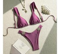 2 Stücke/Set Sommer Urlaub glänzend einfarbig Dicker Träger goldene Muschel Dekor Dreieck Cup BH und High Cut Bikini Hose Sexy Badeanzug Set