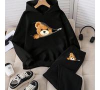 2 Stücke/Set Teenager Mädchen Hoodie Sweatshirt & Jogginghose Outfit, mit Reißverschluss, süßer Bären Cartoon Muster, lässig basic geeignet für Zuhaus