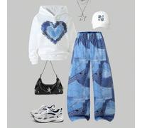 2 Stücke/Set Teenager Mädchen Kapuzen-Sweatshirt mit lockerem Schnitt, Herz-Muster, Langarm + bequeme Jeans mit elastischem Bund, weites Bein, Jeanspr