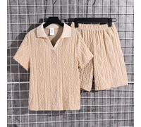 2 Stücke/Set Tween Jungen Lässig & Holiday Polo Shirt aus strukturiertem Stoff mit Kragen und Reißverschluss, strukturierte Stoff Shorts, geeignet für