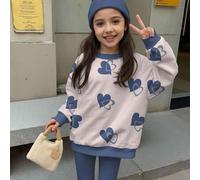2 Stücke/Set Tween Mädchen Lässig modisch süßer Herz-Muster Sweatshirt und Leggings Set, geeignet für Herbst/Winter