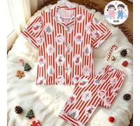 2 Stücke/Set Tween Mädchen Pyjama Set, Cartoon gestreiftes Weihnachtsmann-Muster, Revers Kurzarm Strickjacke mit elastischem Bund und langer Hose, fla