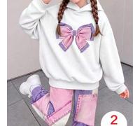 2 Stücke/Set Tween Mädchen Y2K Süß & Cool Stil Outfit, 3D Fransen Applikation Große Schleife Weiß Kapuzenpullover mit Rosa & Lila Farbblock Lässige Sp