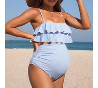 2 Stücke/Set Umstandsmode Bikini-Top mit Spaghettiträgern und gestreiftem Rüschensaum plus Bikini-Unterteil