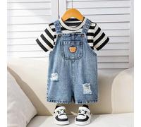 2 Stücke/Set Unisex Baby Kleidung, Baby Jungen Lässig süßer Bär & schwarz-weiß gestreiftes T-Shirt und blaue Jeans Latzhose Set, Sommer & Frühling