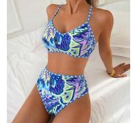 2 Stücke/Set zufälliger Blume Muster Strandoutfits für Frauen - Trägertop und High-Waist Bikini-Hose, Sommer