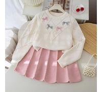 2 Stücke Strickset für Tween Mädchen, süßer Pullover mit 3D-Schleife und Faltenrock, bezaubernd und elegant, Winterrock, zweiteiliges Set für Kinder,