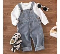 2 Stücke Unisex Baby Jungen Mode Jeans Latzhose mit Taschen und weißem Langarm T-Shirt Set, Lässig & geeignet für Frühling, Herbst, Outdoor-Spiel und