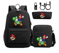(2)Super Mario 3D-Druck Anti-Diebstahl USB-Schloss Rucksack-Set - 3-teilig: Ideal für Jugendliche, Studenten,