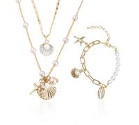 2-Teilige Muschelketten, 1-Teiliges Muschelarmband, Perlen-Muschelkette, Boho-Halskette, Muschelanhänger-Schmuck, Verstellbare Halskette, Strandurlaub-Schmuck