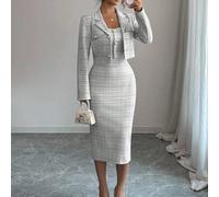 2-teiliger Tweed-Anzug: Eleganter Sakko mit Revers-Kragen + ärmelloses figurbetontes Bodycon-Kleid, schickes Outfit für Frühling/Herbst
