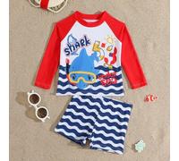2-teiliges Baby Jungen Bademode Set - Süßer Cartoon Hai Muster Farbblock Langarm Strick-Top & Badeshorts