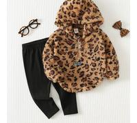 2-teiliges Baby-Mädchen-Set mit lässigem, bequemem Sweatshirt mit Kapuze, Muster, Plüsch, elastischem Strick, Slim Fit und Leggings für den Alltag, He
