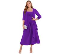 2-teiliges Chiffon-Kleid für die Brautmutter mit Jacke, Tee-Länge, Rüschen, formelle Abendkleid, Hochzeitsgästekleider mit Ärmeln, violett, 40