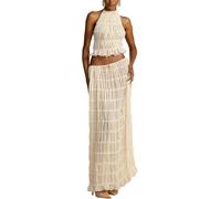 2-teiliges Chiffon-Outfit für Damen, Sommer, lässig, Schnürung, ärmellos, rückenfrei, Neckholder, bauchfreies Top und hohe Taille, fließender Falten-Maxirock, passendes Set für Abendveranstaltungen,