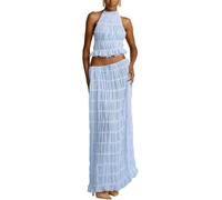 2-teiliges Chiffon-Outfit für Damen, Sommer, lässig, Schnürung, ärmellos, rückenfrei, Neckholder, bauchfreies Top und hohe Taille, fließender Falten-Maxirock, passendes Set für Abendveranstaltungen,
