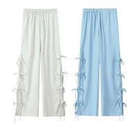 2-teiliges Damen-Gingham-Karo-Hose im Y2K-Stil mit Fliege und seitlichem Schlitz, Lounge-Hose mit weitem Bein, hoch taillierte, lässige Palazzo-Hose (Blue Striped+Beige Checkered,S)