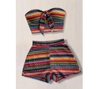 2-teiliges Damen-Outfit, Farbblock, Schnürung vorne, trägerlos, bauchfreies Oberteil und Shorts, Strickset
