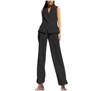 2-teiliges Damen-Outfit, Übergröße, Hosenanzüge, V-Ausschnitt, Weste, Knopfleiste, ärmellos, Blazer, Anzughose, elegante Hose mit weitem Bein, Sommer-Lounge-Sets für Freizeit, Büro, Arbeit, 01#schwarz