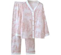 2-teiliges Damen-Pyjama-Lounge-Set mit Blumenmuster, Y2K, langärmelig, V-Ausschnitt, Button-Down-Shirt, Oberteil und gerades weites Bein, Nachtwäsche, Pyjama, passende Nachtwäsche, Outfit, Homewear,