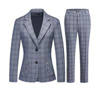 2-teiliges Damenanzug-Set, kariert, für Business, Büro, Blazer, Jacke, lässig, langärmelig, Hosenanzug-Set, Blau-Grau, Mittel