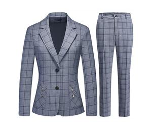 2-teiliges Damenanzug-Set, kariert, für Business, Büro, Blazer, Jacke, lässig, langärmelig, Hosenanzug-Set, Blau-Grau, Klein