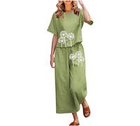 2-Teiliges für Damen Sommer-Outfit Weite Caprihose Leicht Mode Lässiger Anzug Freizeitanzug mit Taschen Hausanzug Zweiteiler Trainingsanzüge Leinenanzug Strand Urlaub Streetwear