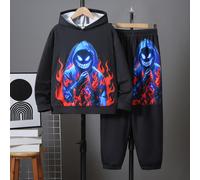 2-teiliges Kinder-Tween-Jungen-Set mit lässigem, bequemem Hoodie mit bedrucktem Muster, lockerem Pullover, Langarm-Sweatshirt und lockerer Jogginghose