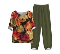 2 Teiliges Lounge Set für Damen Sommer Outfits Baumwoll Leinen Hemd Bluse mit halben Ärmeln und Hose mit weitem Bein lässiges Vintage bedrucktes elegantes Tunika Oberteil bequeme Loungewear Sets 2024