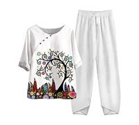 2 Teiliges Lounge Set für Damen Sommer Outfits Baumwoll Leinen Hemd Bluse mit halben Ärmeln und Hose mit weitem Bein lässiges Vintage bedrucktes elegantes Tunika Oberteil bequeme Loungewear Sets 2024