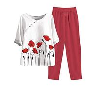 2 Teiliges Lounge Set für Damen Sommer Outfits Baumwoll Leinen Hemd Bluse mit halben Ärmeln und Hose mit weitem Bein lässiges Vintage bedrucktes elegantes Tunika Oberteil bequeme Loungewear Sets 2024