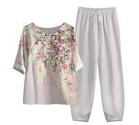 2 Teiliges Lounge Set für Damen Sommer Outfits Baumwoll Leinen Hemd Bluse mit halben Ärmeln und Hose mit weitem Bein lässiges Vintage bedrucktes elegantes Tunika Oberteil bequeme Loungewear Sets 2024