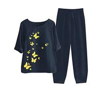 2 Teiliges Lounge Set für Damen Sommer Outfits Baumwoll Leinen Hemd Bluse mit halben Ärmeln und Hose mit weitem Bein lässiges Vintage bedrucktes elegantes Tunika Oberteil bequeme Loungewear Sets 2024