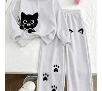 2-teiliges Mädchen-Outfit-Set, Kapuzen-Sweatshirt mit halbem Reißverschluss und süßem Katzenmuster, minimalistische lässige Hose mit weitem Bein, mini