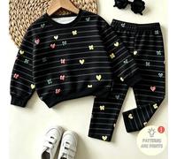 2-teiliges Mädchen-Set im koreanischen Stil, schwarzes gestreiftes Crewneck-Sweatshirt mit Herz- & Schmetterlingsdruck und passende Leggings, süßes He