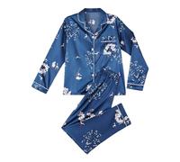 2-teiliges Pyjama-Set für Damen, Damen-Pyjama-Set, langärmeliges Hemd + lässige Pyjamahose, Satin-Schlafanzug mit Federdruck, langärmelig, Revers, Knopfleiste, Pyjama, Feder-Pyjama, blau, XL