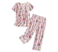 2-teiliges Pyjama-Set für Damen, große Größe, V-Ausschnitt, Nachtwäsche, Oberteil, Cartoon-Druck, kurze Ärmel, Innenbekleidung + Pyjamahose, weite Beine, Heimkleidung, Rosa, 54