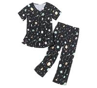 2-teiliges Pyjama-Set für Damen, große Größe, V-Ausschnitt, Nachtwäsche, Oberteil, Cartoon-Druck, kurze Ärmel, Innenbekleidung + Pyjamahose, weite Beine, Heimkleidung, Schwarz , 54