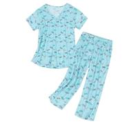 2-teiliges Pyjama-Set für Damen, große Größe, V-Ausschnitt, Nachtwäsche, Oberteil, Cartoon-Druck, kurze Ärmel, Innenbekleidung + Pyjamahose, weite Beine, Heimkleidung, himmelblau, 54