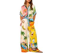 2-teiliges Satin-Boho-Outfit für Damen, Sommer, lässig, Graffiti-Druck, passendes Set, kurze Ärmel, Button-Down-Shirt und Hose mit Taschen, hawaiianische Loungewear, #1, 42