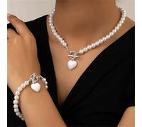 2-teiliges Schmuckset aus Imitationsperlen: Halskette, Armband, Anhänger in natürlichen Perlenfarben, passendes Halsband für Mädchen: 1