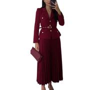 2-teiliges Set Aus Blazer Mit Revers Und Plissiertem Maxirock Für Damen, Zweiteiliges Anzugrock-Set Für Damen, Kurze Jacke, Blazer-Oberteil Und Hoch Taillierter Faltenrock (L,rot)
