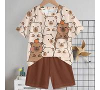 2-teiliges Set aus Rundhals-Kurzarmshirt und Shorts mit Capybara, Wasserdelfin, Cartoon-Skizze, für Baby Jungen, minimalistischer Stil, geeignet für S