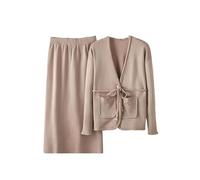 2-teiliges Set für Damen, lockerer Strick-Top, Cardigan mit Gürtel, Conjuntos, lässiger Rock, Ensembles, khaki, XL